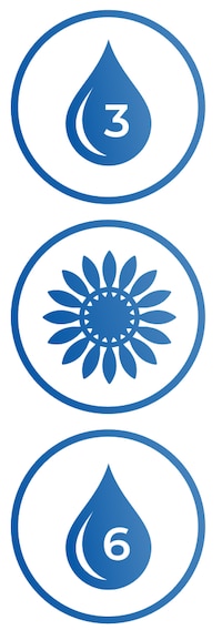 A set of three icons: an omega 3 icon, a flower icon, and an omega 6 icon